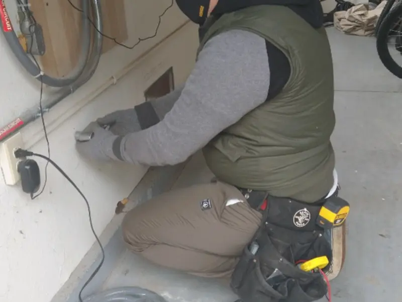 Electrician performing outlet wiring in a Ashland garage